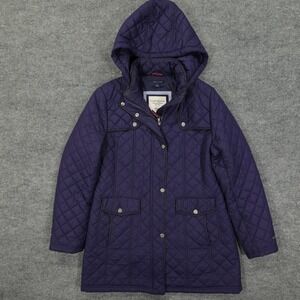 Tommy Hilfiger Jacket Women Medium Blue‎ Quilted Hooded Barn Coat Full Zip Snap